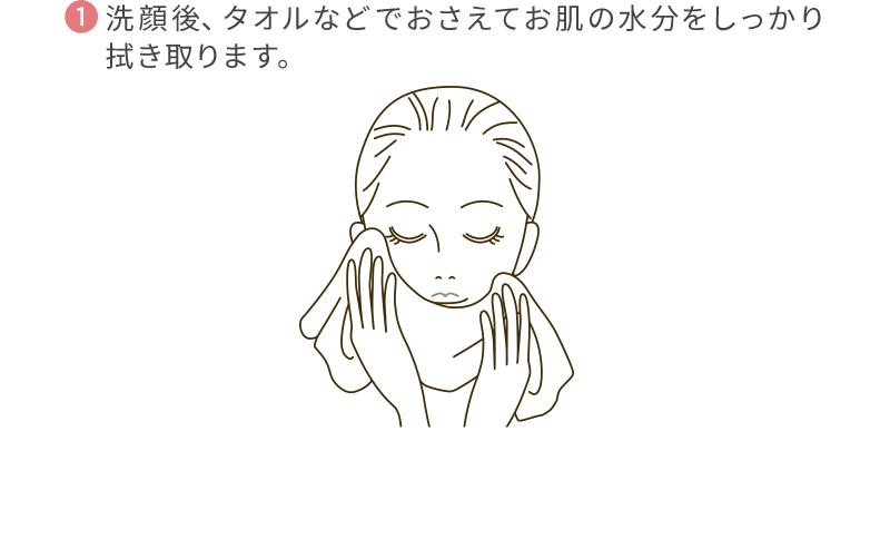 （1）洗顔後、タオルなどでおさえてお肌の水分をしっかり拭き取ります。